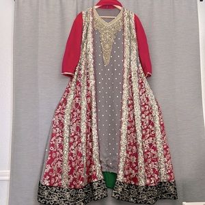 Pakistani hot pink and grey dress with heavy sequin embroidery